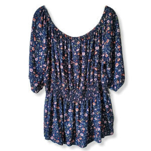 Women Lane Bryant Blue Floral Peasant Blouse Top 2X Cottage Dark Fairy Romantic